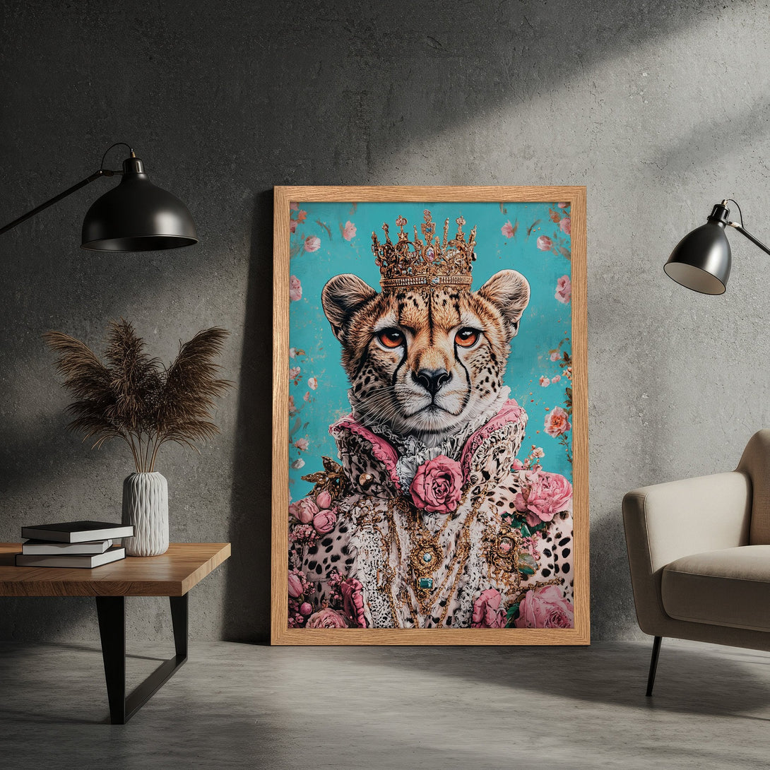 Framed Poster featuring a regal cheetah in a crown, floral accents, and a turquoise background. Elegant art print in a pink and gold color palette.