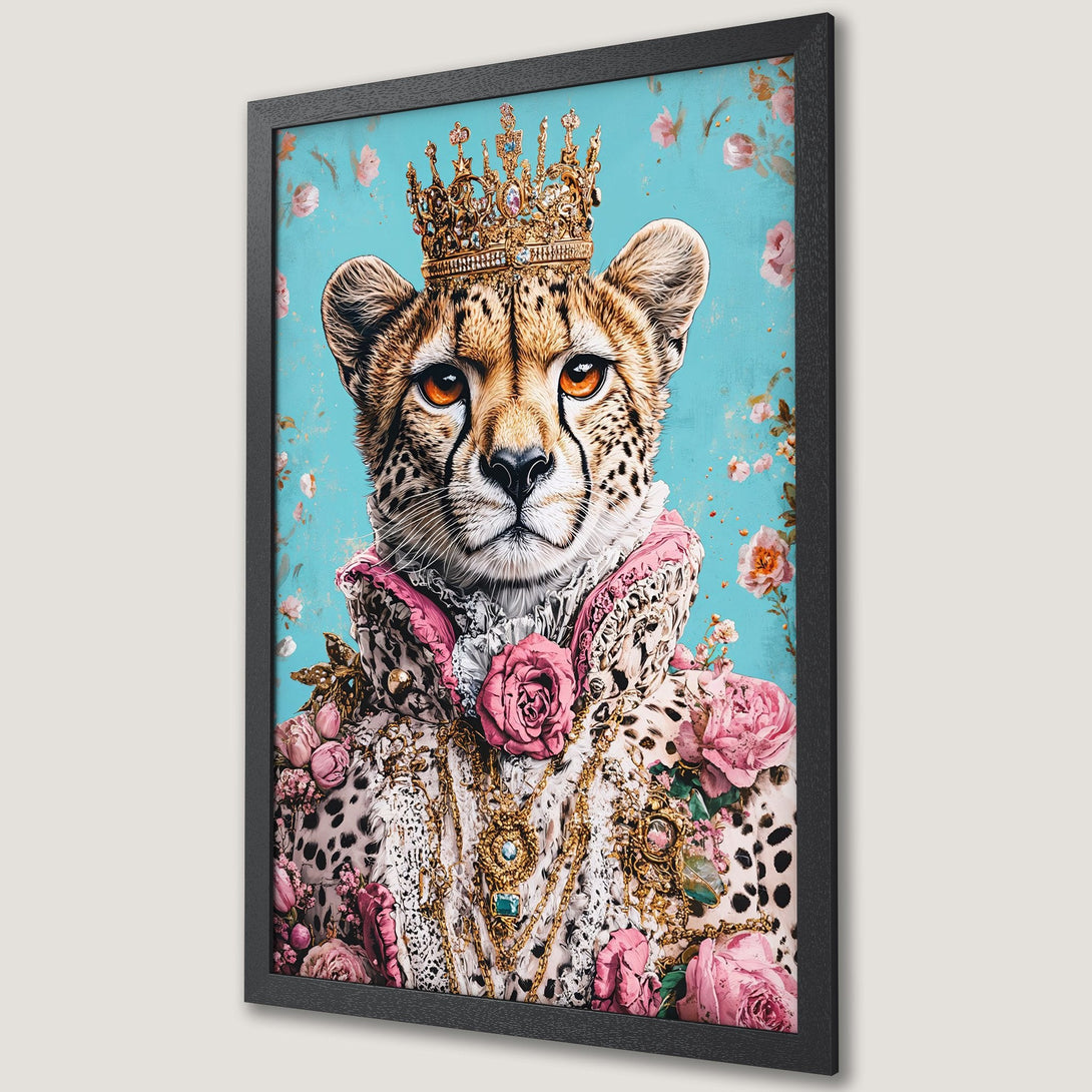 Framed Poster featuring a regal cheetah with a crown & floral details. A whimsical, artistic style with a teal, pink, & gold color palette.