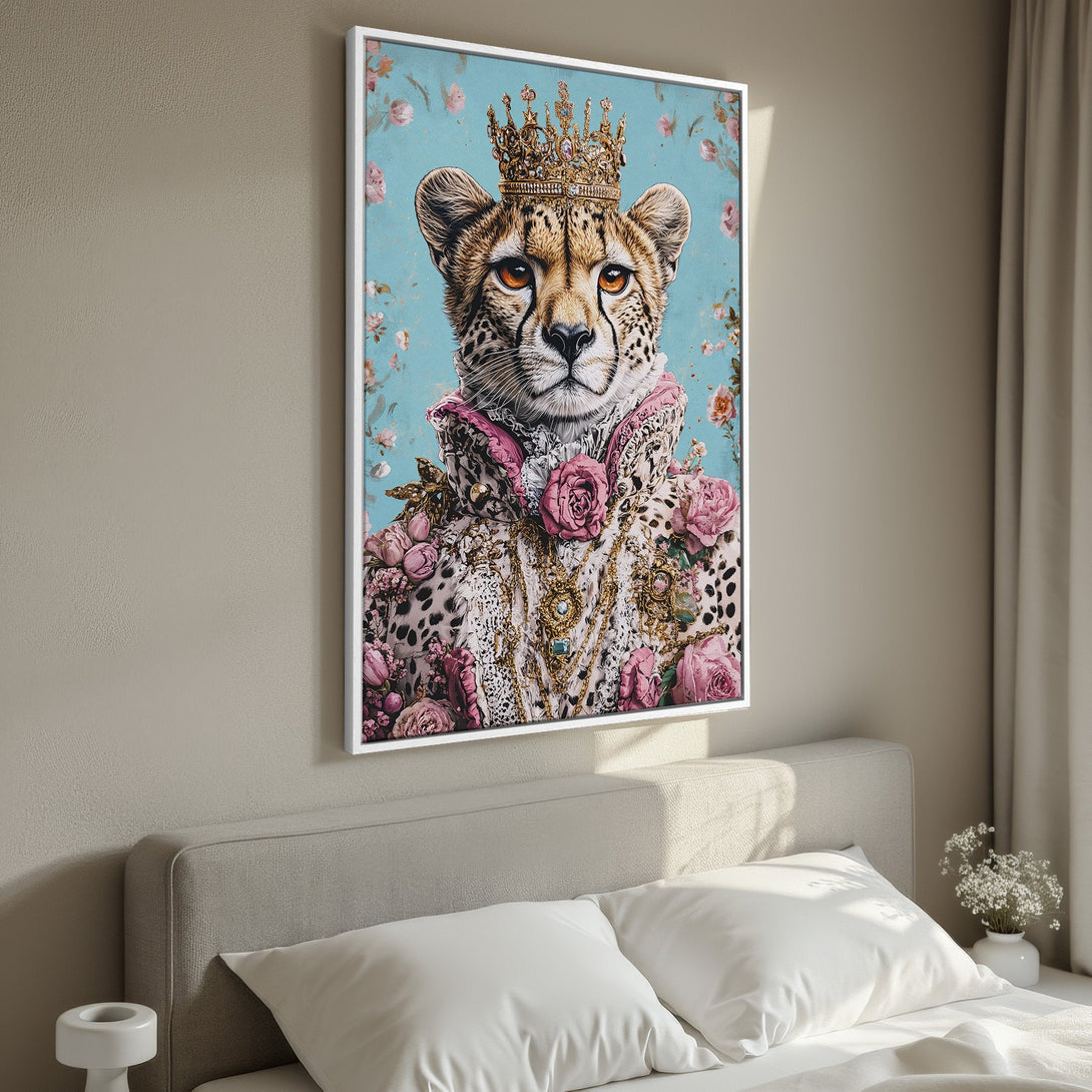 Framed Wall Art featuring a regal cheetah with a crown, dressed in floral attire. A unique piece with a teal, pink, and gold color palette. Perfect for home decor.