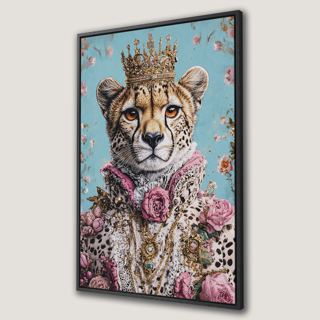 Framed Wall Art featuring a regal cheetah wearing a crown and floral accents. The artwork has a whimsical style with a pastel blue and pink color palette.