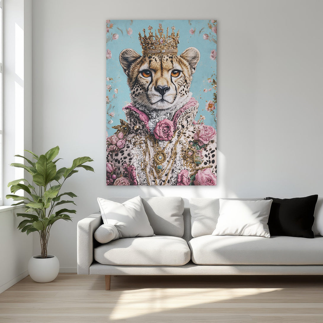 Framed Wall Art: Regal cheetah portrait with crown & floral details. Pastel blue, pink, and gold color palette. Add a touch of luxury to your space!