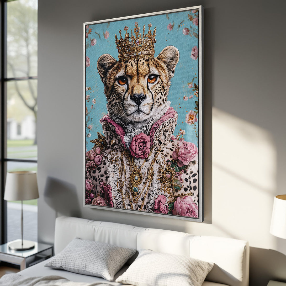 Framed Wall Art: Regal cheetah portrait with crown & floral details. Teal & pink color palette. Perfect for adding a touch of luxury to any room.
