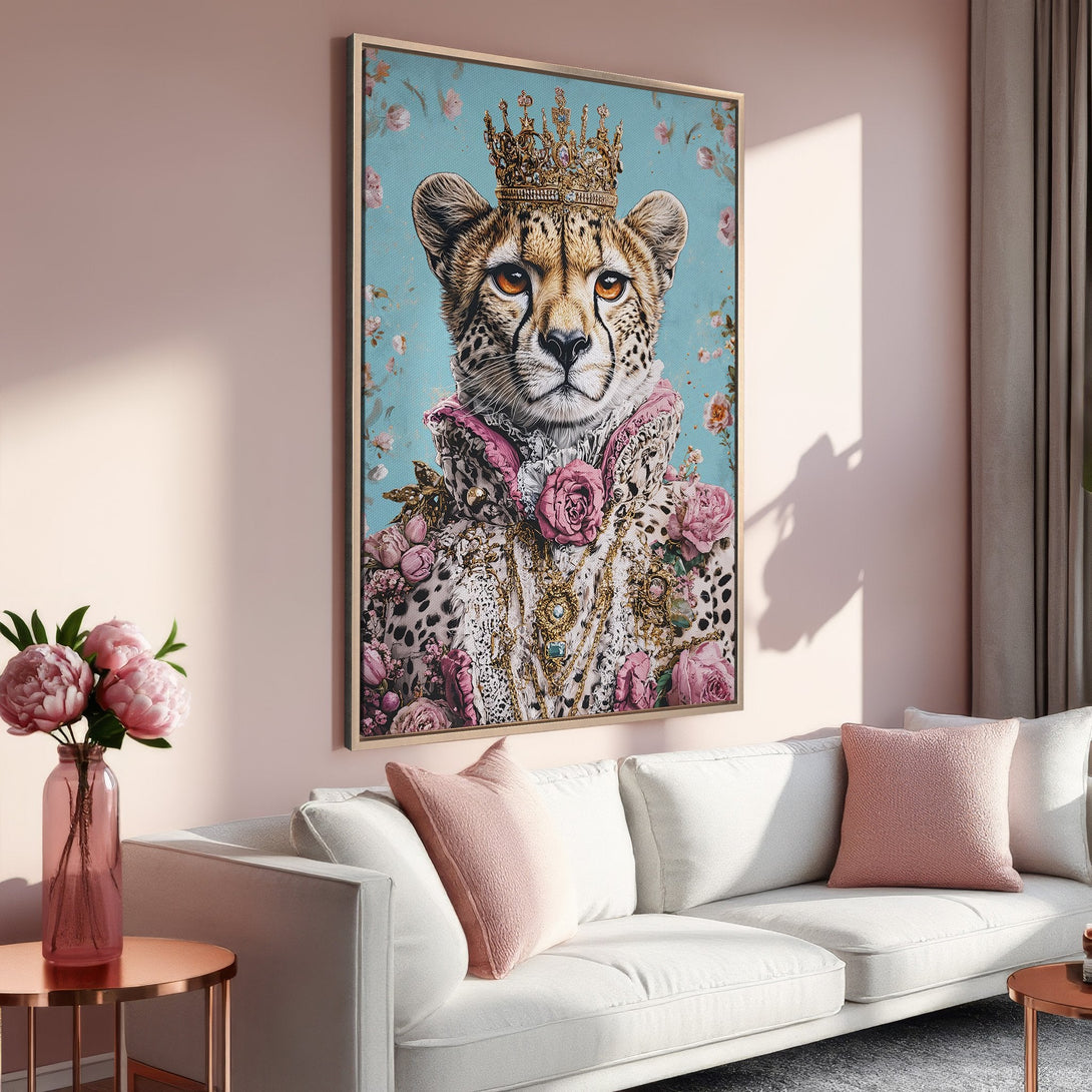 Framed Wall Art: Regal cheetah portrait with crown, floral details, & gold accents. Pastel pink & teal color palette. Perfect for adding a touch of luxury!