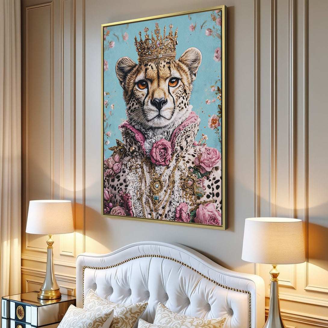Canvas Print of a regal cheetah wearing a crown, floral accents, and pinks. Perfect wall art for a touch of whimsy.