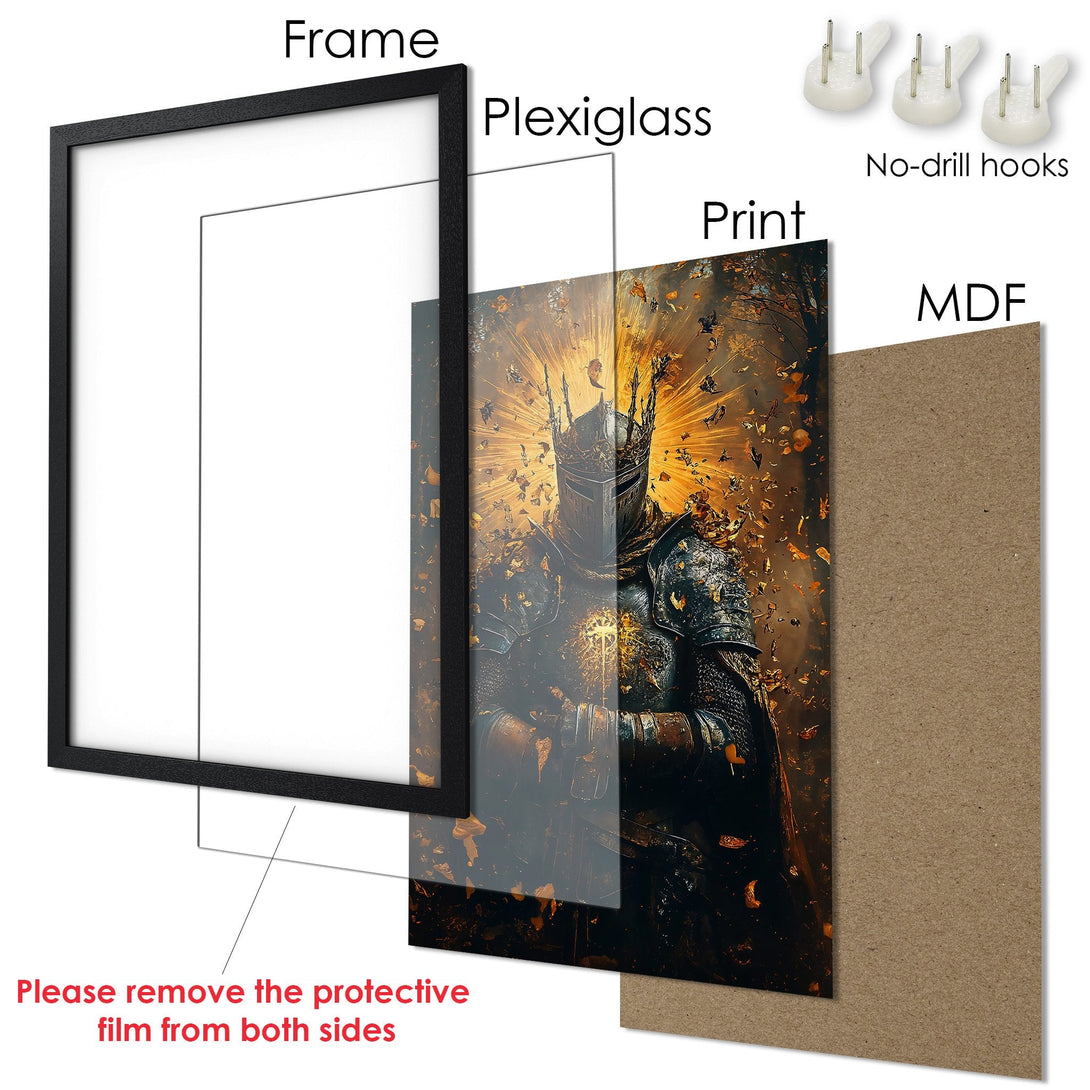 Framed Poster featuring a knight in fantasy style with a warm, golden color palette. Elevate your space with this stunning artwork!