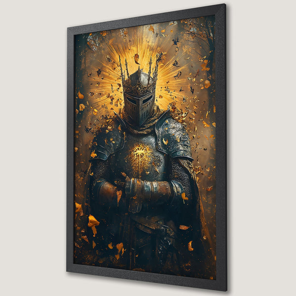 Framed Poster featuring a knight in shining armor, dramatic art style with gold and dark color palette. Perfect wall art!