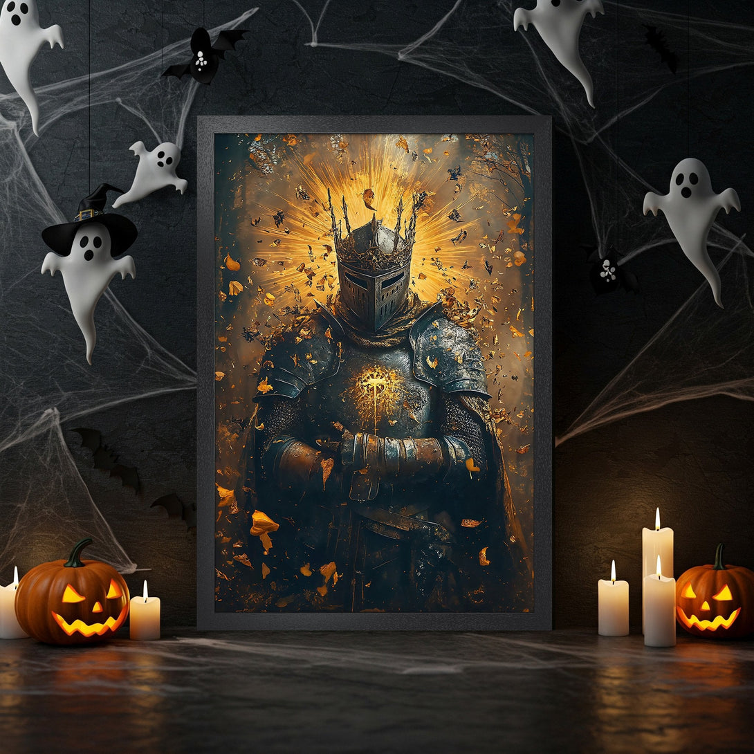 Framed Poster featuring a knight in armor, fantasy art style, with a gold and dark blue color palette, perfect for Halloween decor.
