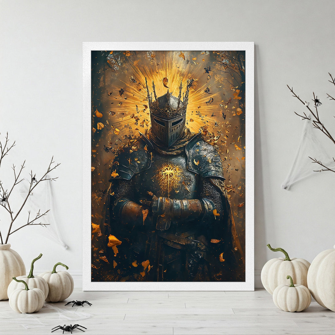 Framed Poster featuring a medieval knight in detailed armor, with a gold and dark color palette. Perfect wall art for fantasy fans!
