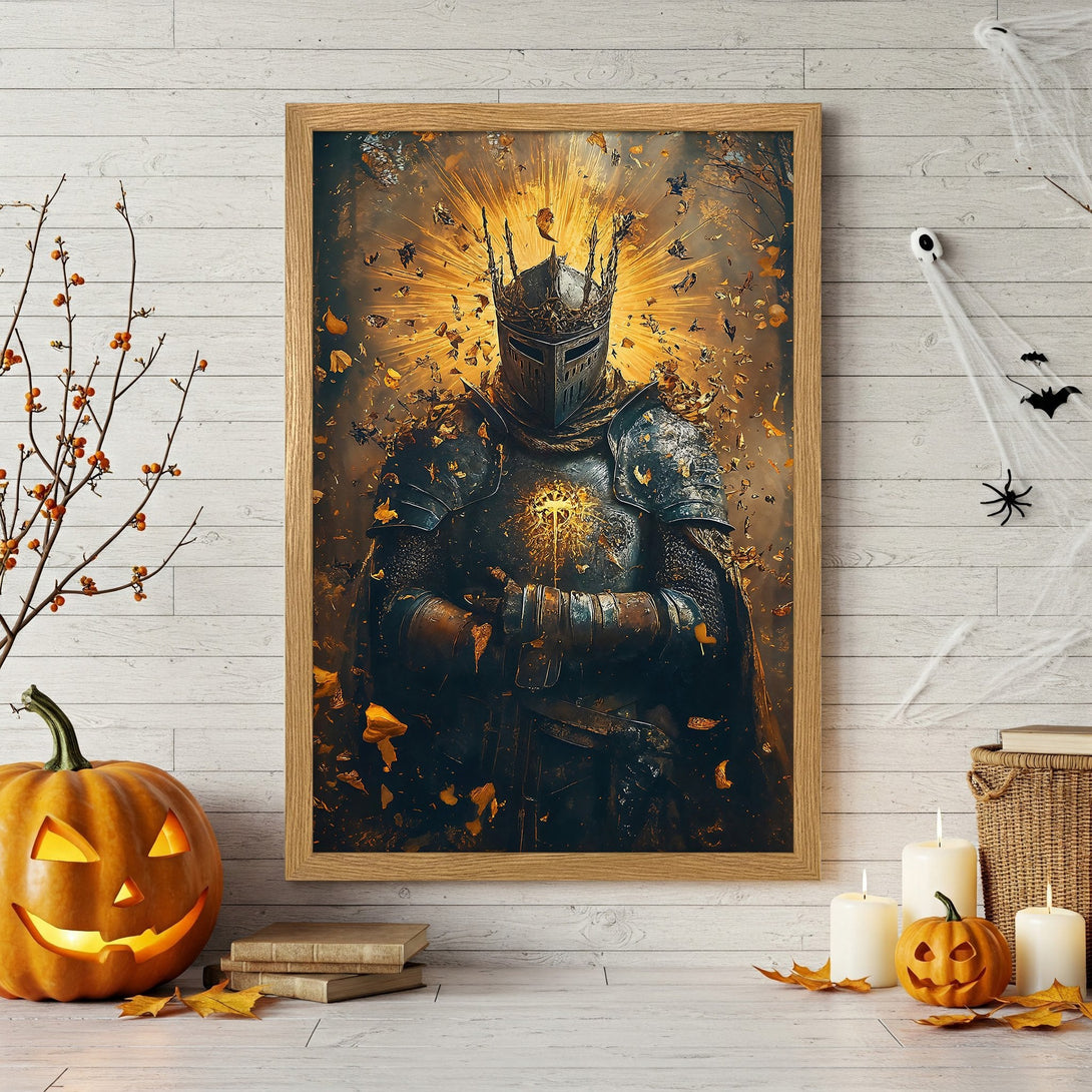 Framed Poster featuring a knight in dark armor with a golden halo, art style, and a moody, warm color palette. Perfect wall decor!
