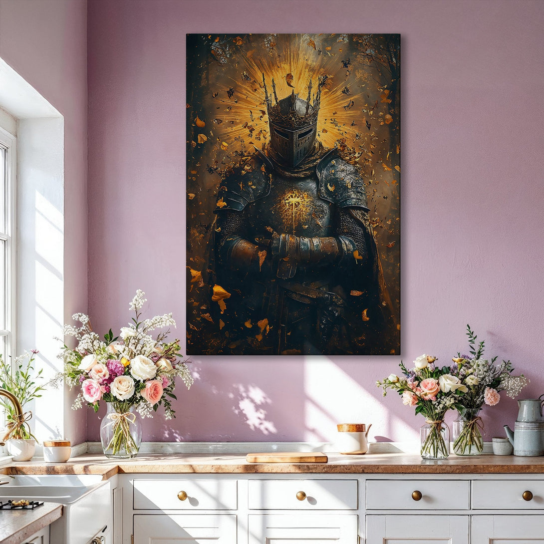 Framed Wall Art: Majestic knight in golden armor, a striking piece with a dark, dramatic palette. Perfect for adding a touch of medieval elegance to your space.