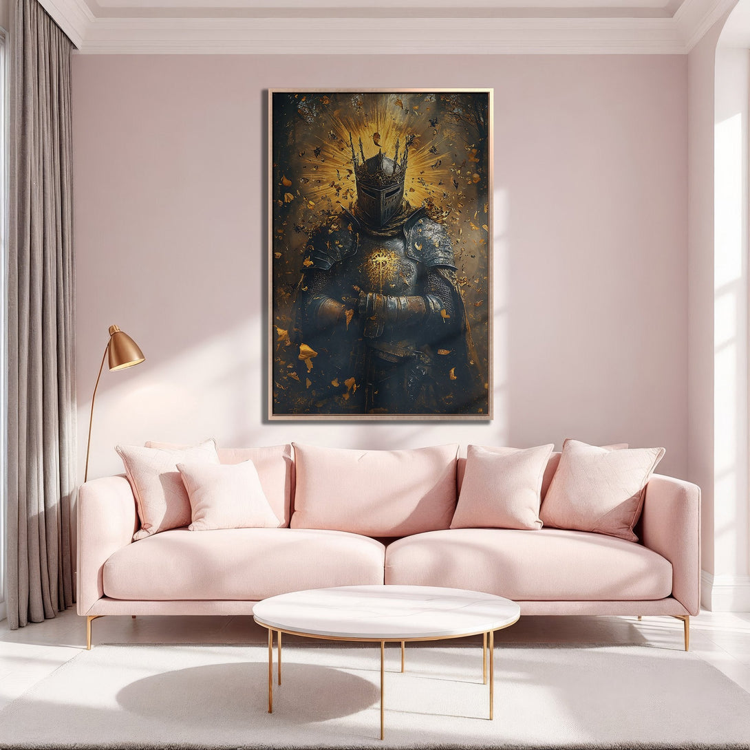 Framed Wall Art featuring a knight in dark tones with gold accents, displayed in a modern living room with a blush pink color palette.