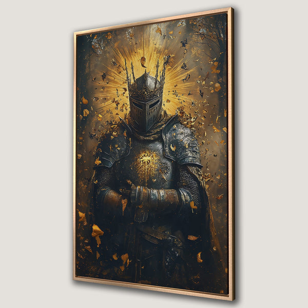 Framed Wall Art: Majestic knight in dark armor with gold accents. Dramatic fantasy art in a rich, dark, and gold color palette. Elevate your space with this stunning print.
