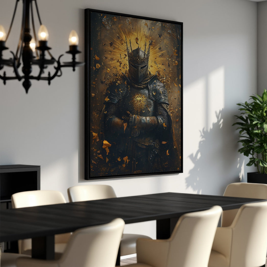 Framed Wall Art featuring a knight in golden and black tones. Perfect for adding a touch of medieval elegance to your home decor.