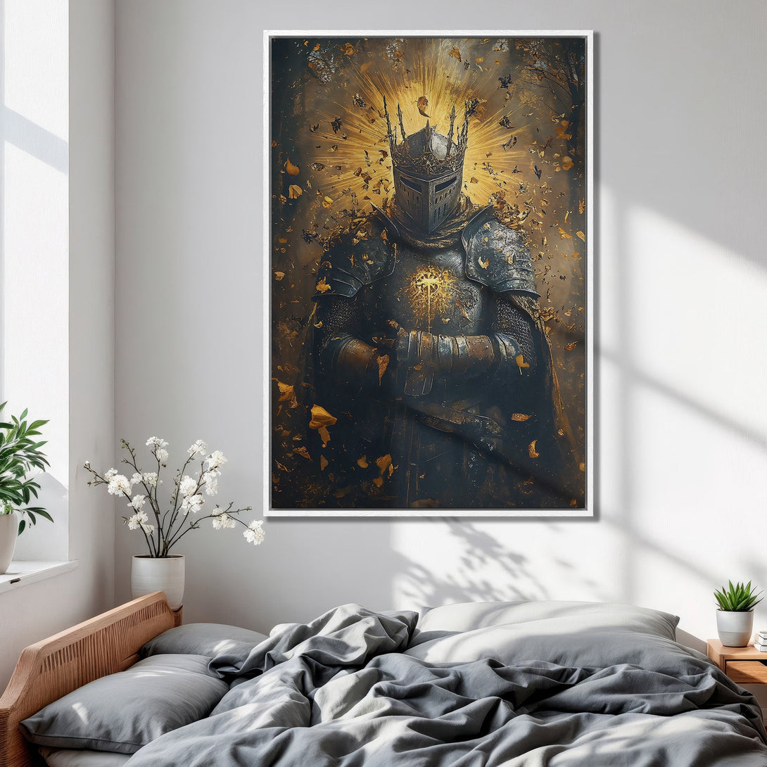 Framed Wall Art: Medieval knight artwork with gold and dark tones. Dramatic canvas print for bedroom decor. Enhance your space with this stunning piece!