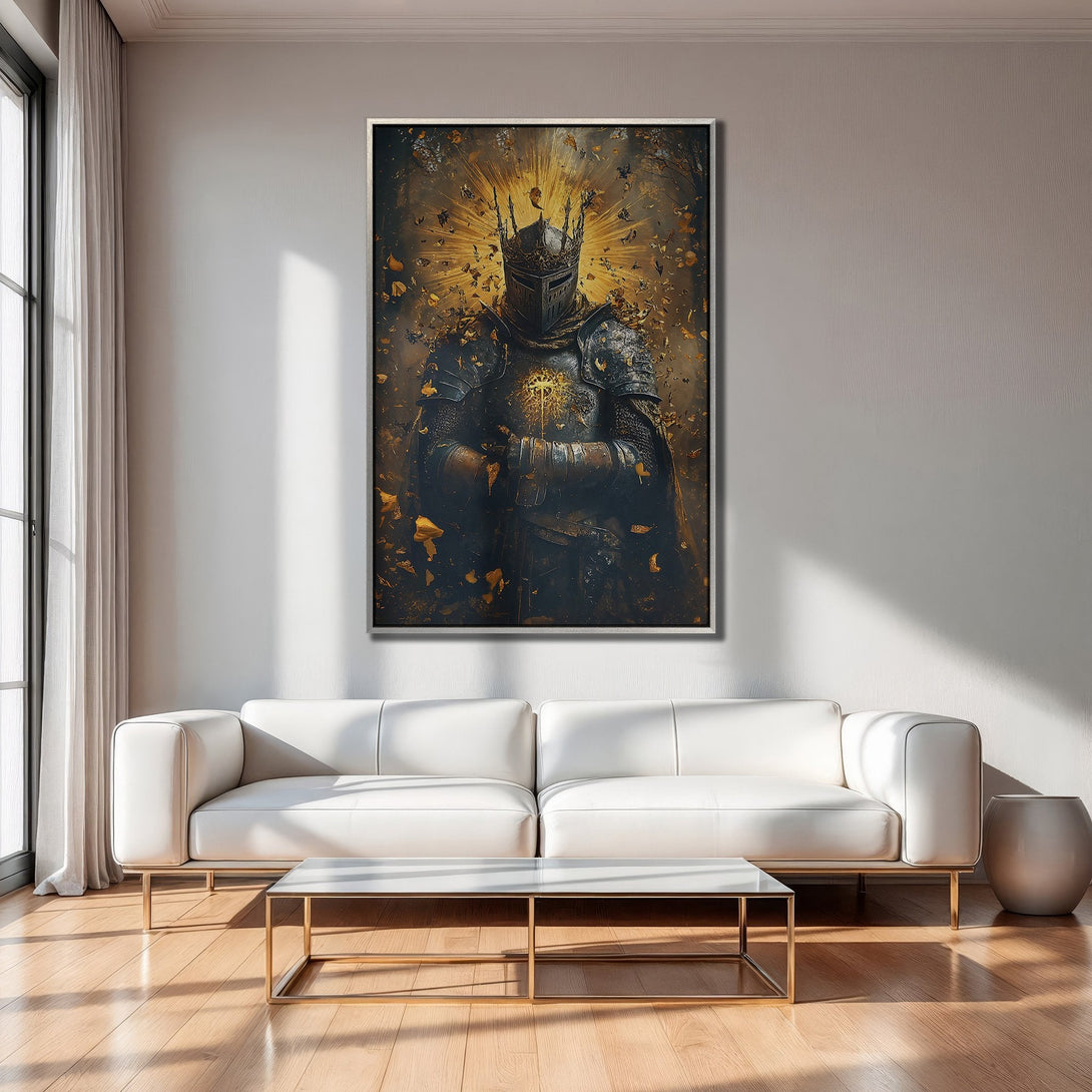 Framed Wall Art: Medieval knight portrait in dark, gold, and black tones. Dramatic art for your living room.