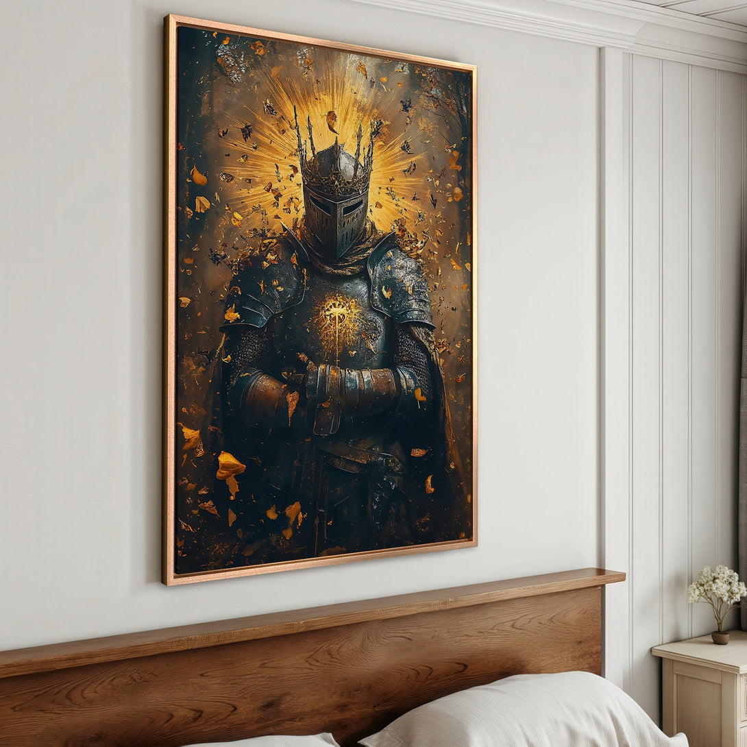 Framed Wall Art featuring a knight in shining armor, dramatic style with gold, black, and brown color palette. Elevate your space with this stunning piece.
