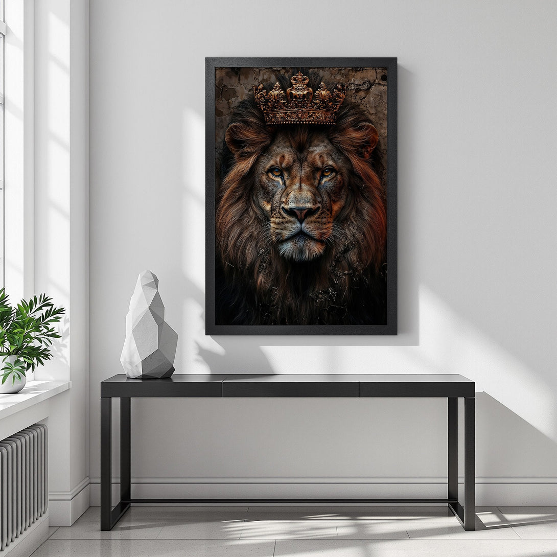 Framed Poster featuring a regal lion with a crown, in a warm brown and gold color palette. Perfect for home decor!