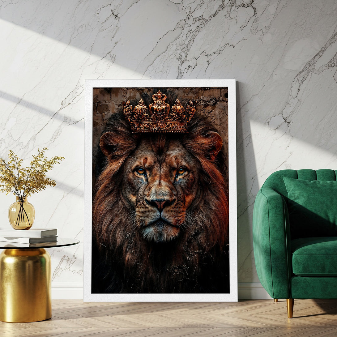 Framed Poster featuring a regal lion with a crown. Artistic style, warm brown and gold tones. Perfect wall art for your home.