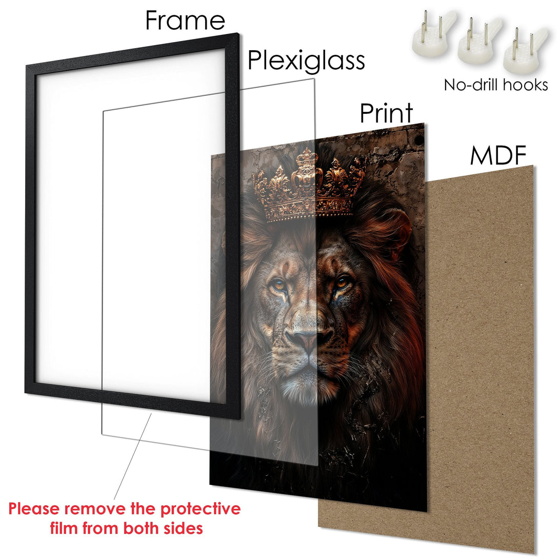 Framed Poster featuring a majestic lion with a crown, in a dramatic, detailed style with warm brown and gold tones.