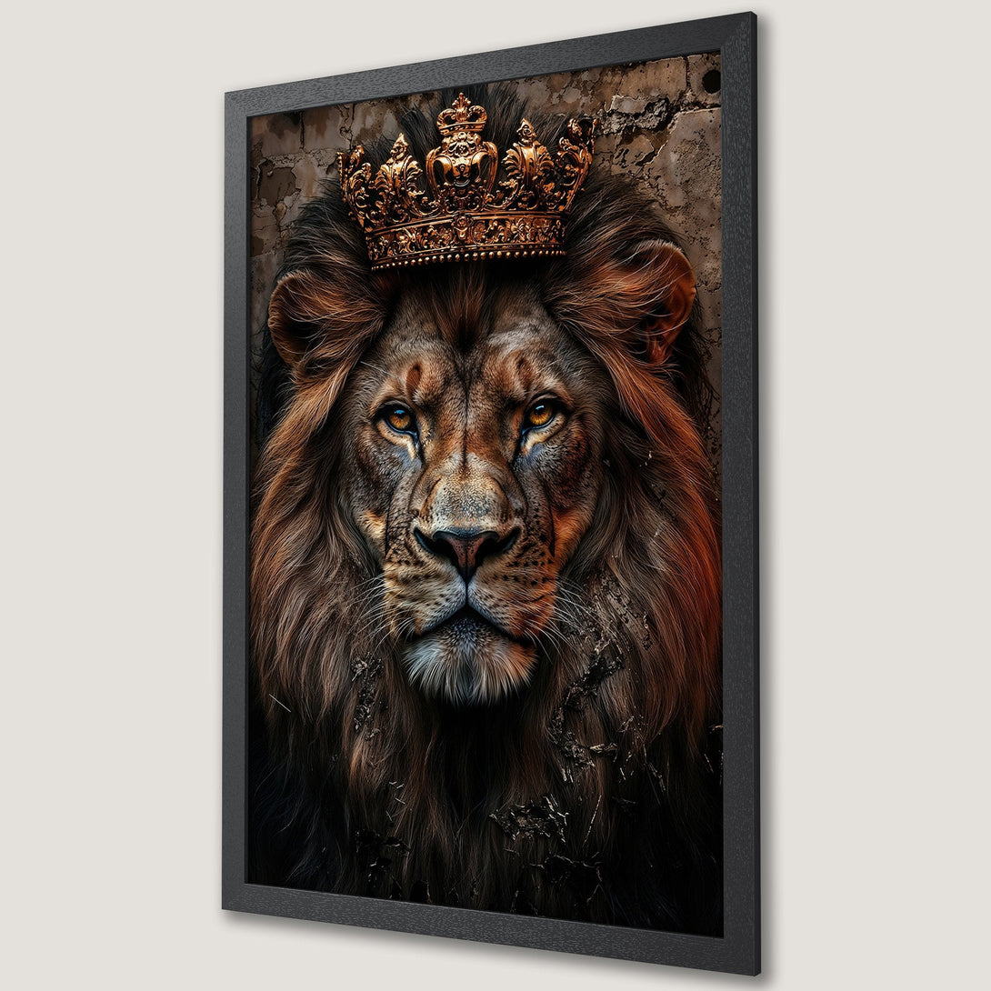 Framed Poster of a majestic lion wearing a crown. Detailed, artistic style with warm brown and gold tones. Perfect wall art.