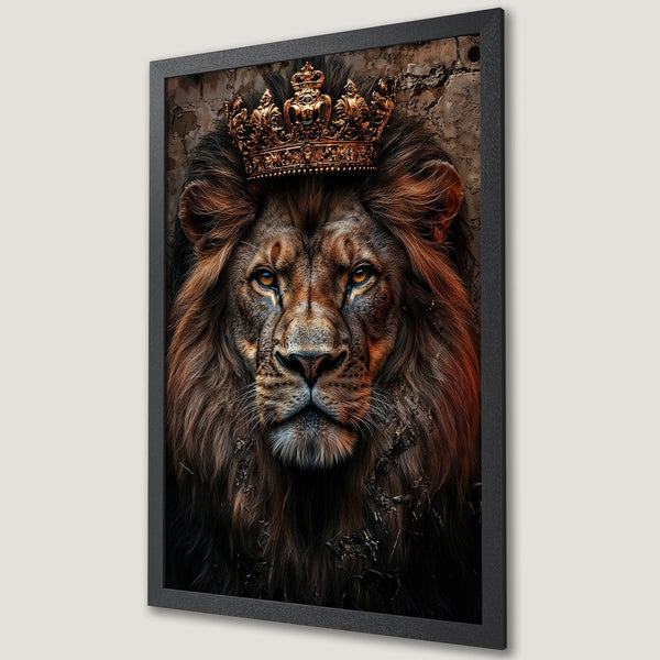 Framed Poster of a majestic lion wearing a crown. Detailed, artistic style with warm brown and gold tones. Perfect wall art.