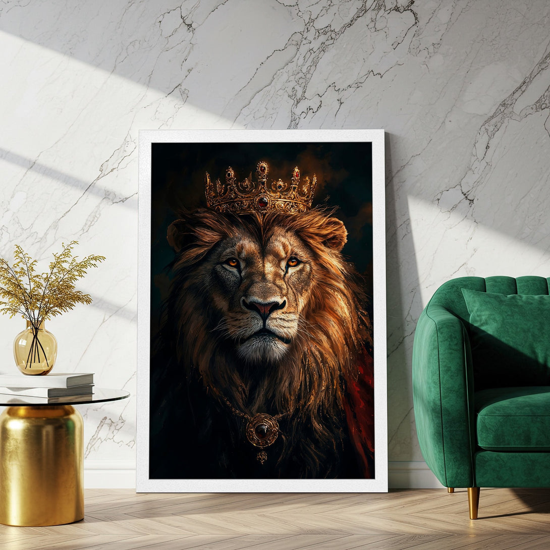 Framed Poster featuring a regal lion with a crown, in a warm, golden and dark color palette, perfect for home decor.