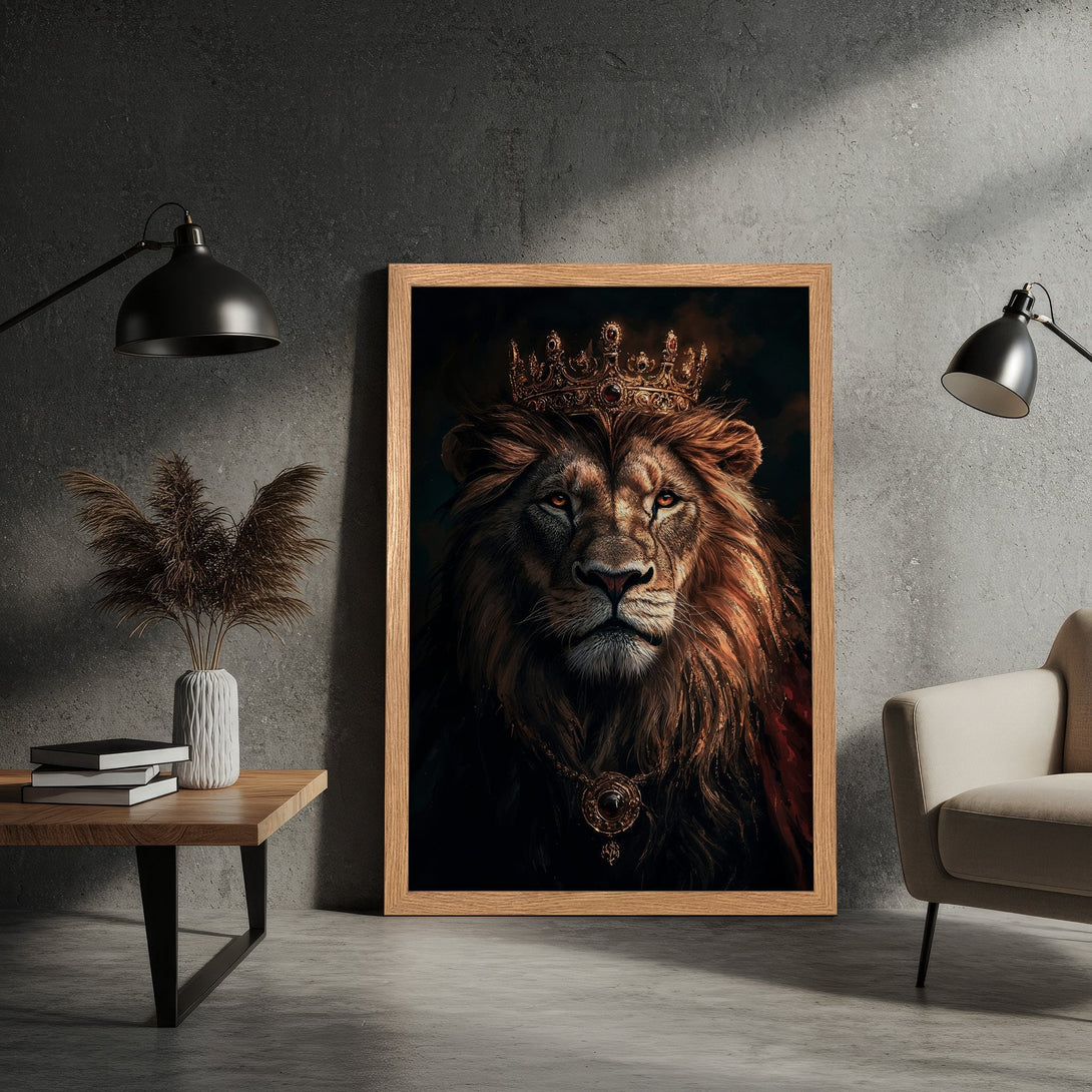 Framed Poster featuring a regal lion with a crown, in a dramatic, painterly style. Warm gold and brown tones against a dark background.