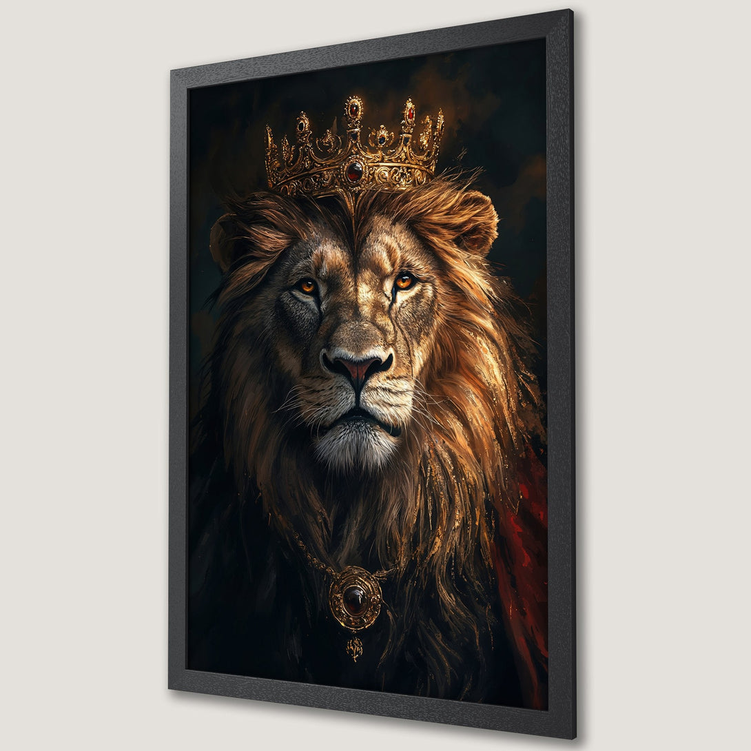Framed Poster of a regal lion with a crown, in a dark, painterly style with gold and red accents. Perfect wall art!