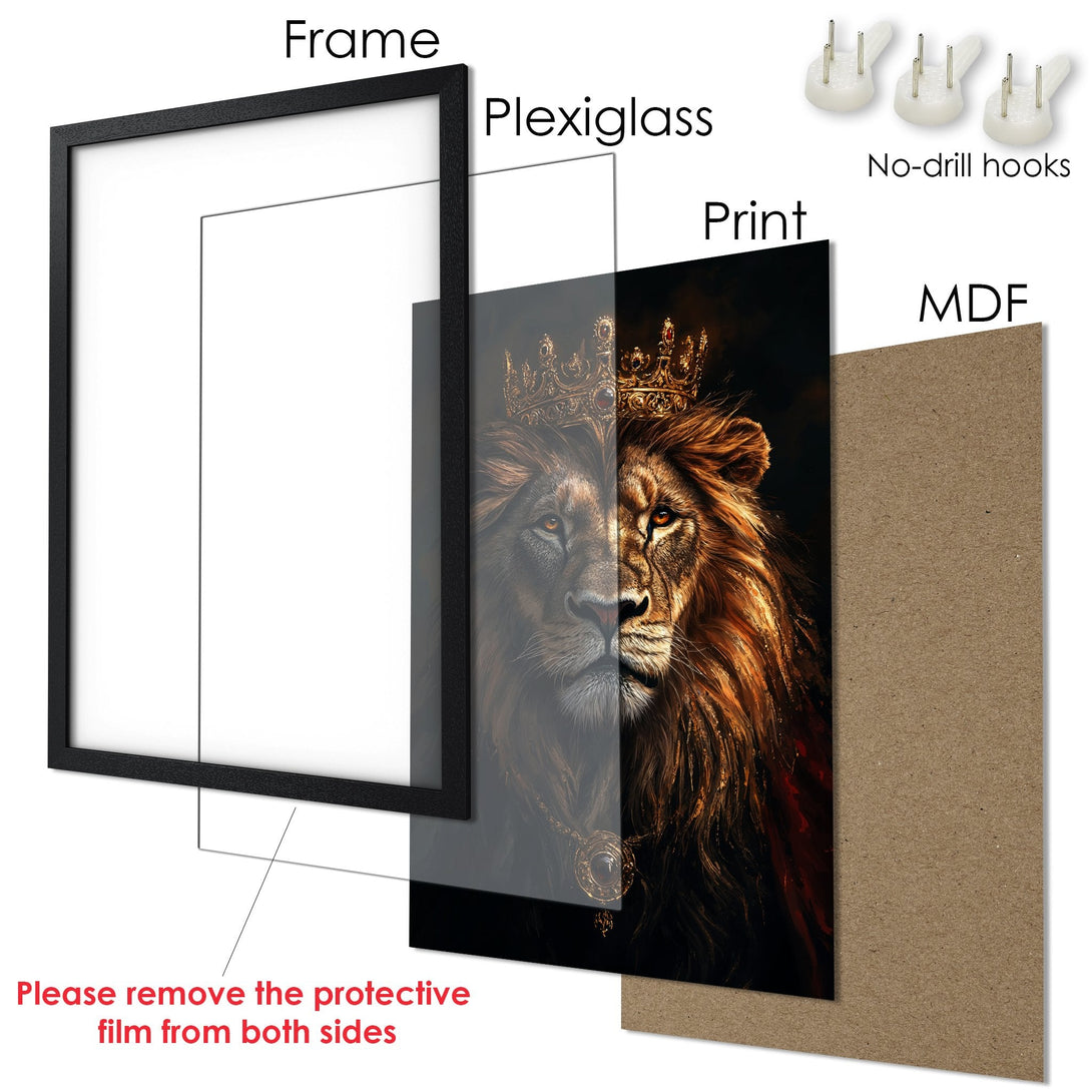 Framed Poster featuring a majestic lion in a regal style with warm gold and brown tones. Perfect wall art!