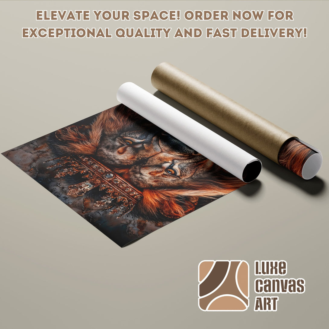 Lion Poster Roll art print, featuring a regal lion in warm tones. Perfect decor for your space. Order today!
