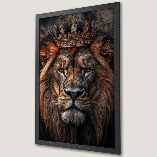 Framed Poster featuring a regal lion with a crown, in a detailed, realistic style. Warm brown and gold color palette.