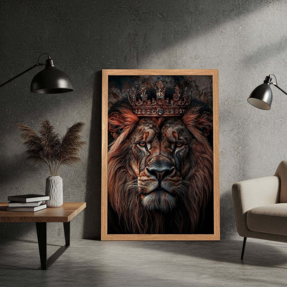 Framed Poster featuring a majestic lion with a crown, in a detailed, artistic style with warm brown tones. Perfect wall art!