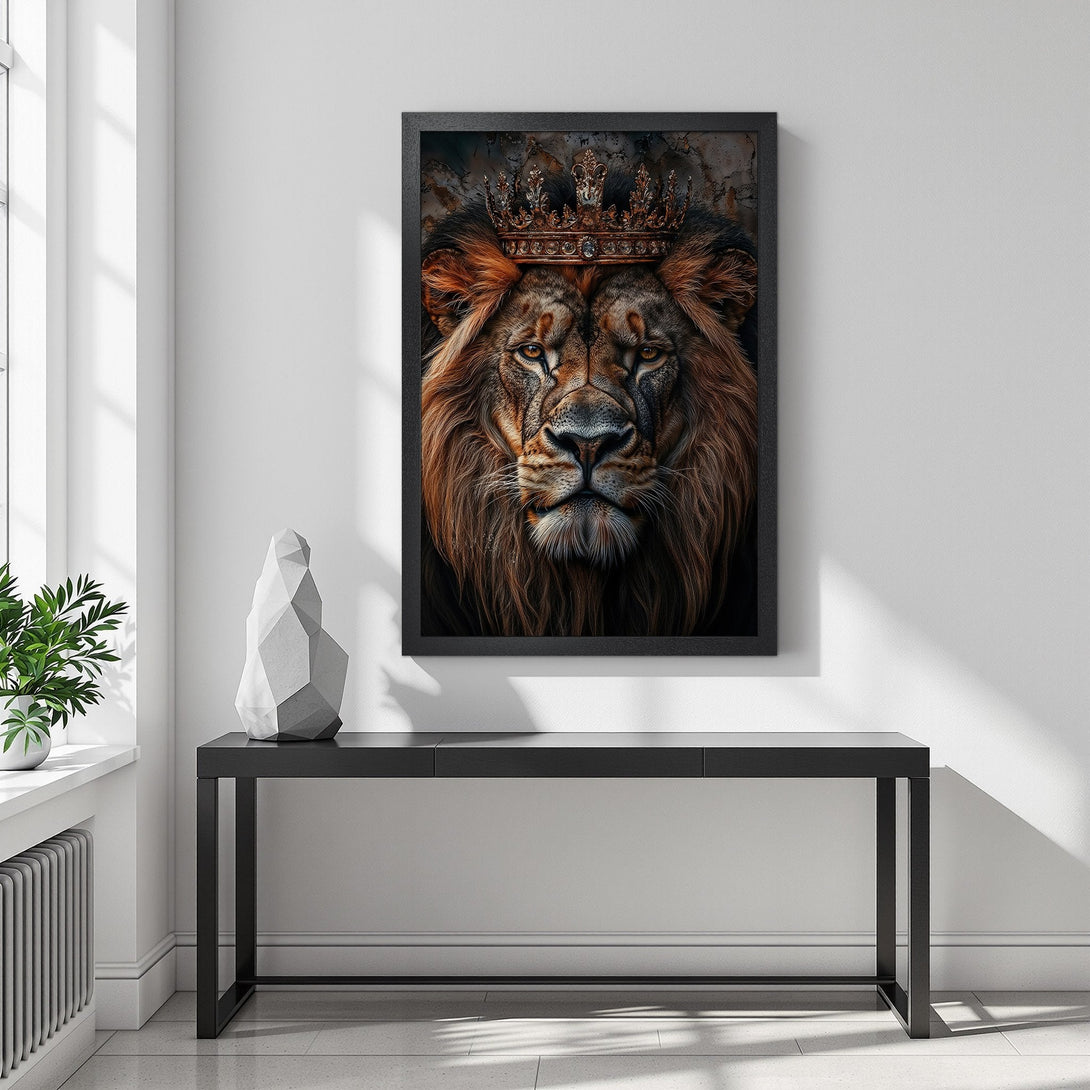 Framed Poster of a majestic lion wearing a crown. Regal art in warm brown and gold tones. Perfect for home decor.
