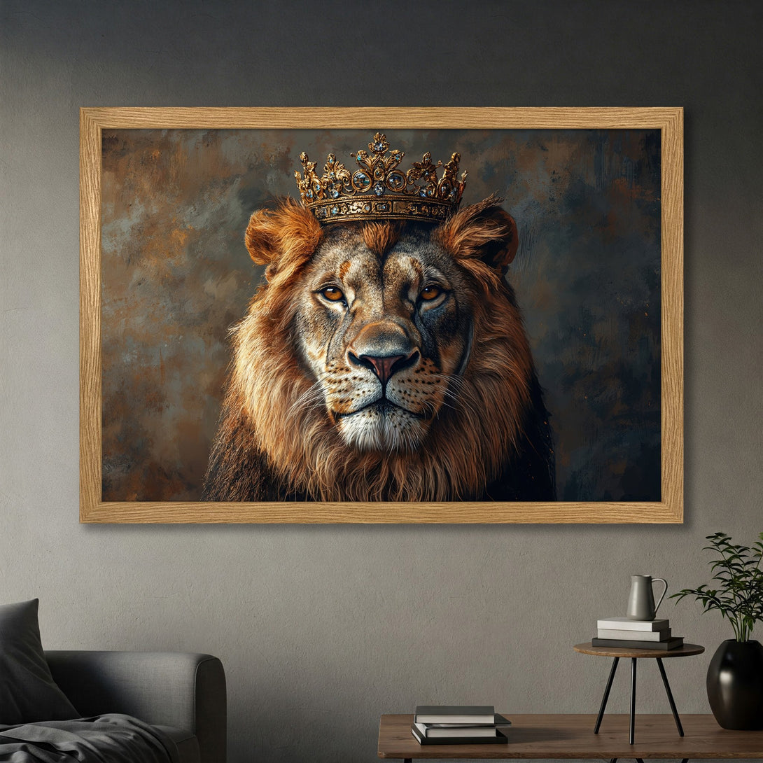 Framed Poster of a regal lion with a crown, artistic style, warm brown and gold color palette.