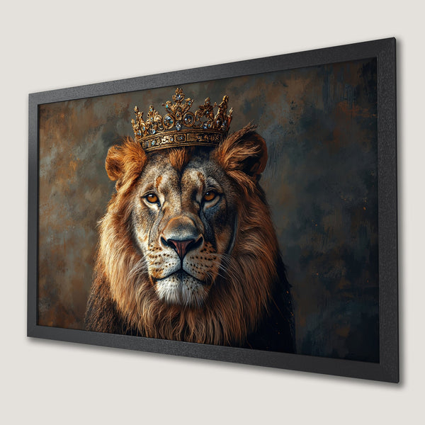 Framed Poster of a regal lion wearing a crown. Artistic style with warm brown and gold tones. Perfect wall art for your home.