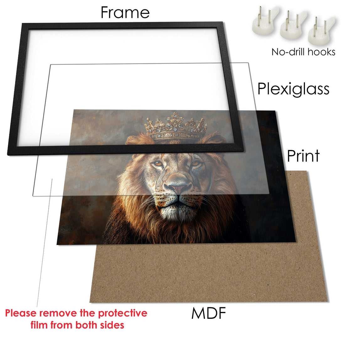 Framed Poster featuring a regal lion with a crown. Artistic style, warm brown and gold color palette. Perfect wall art!
