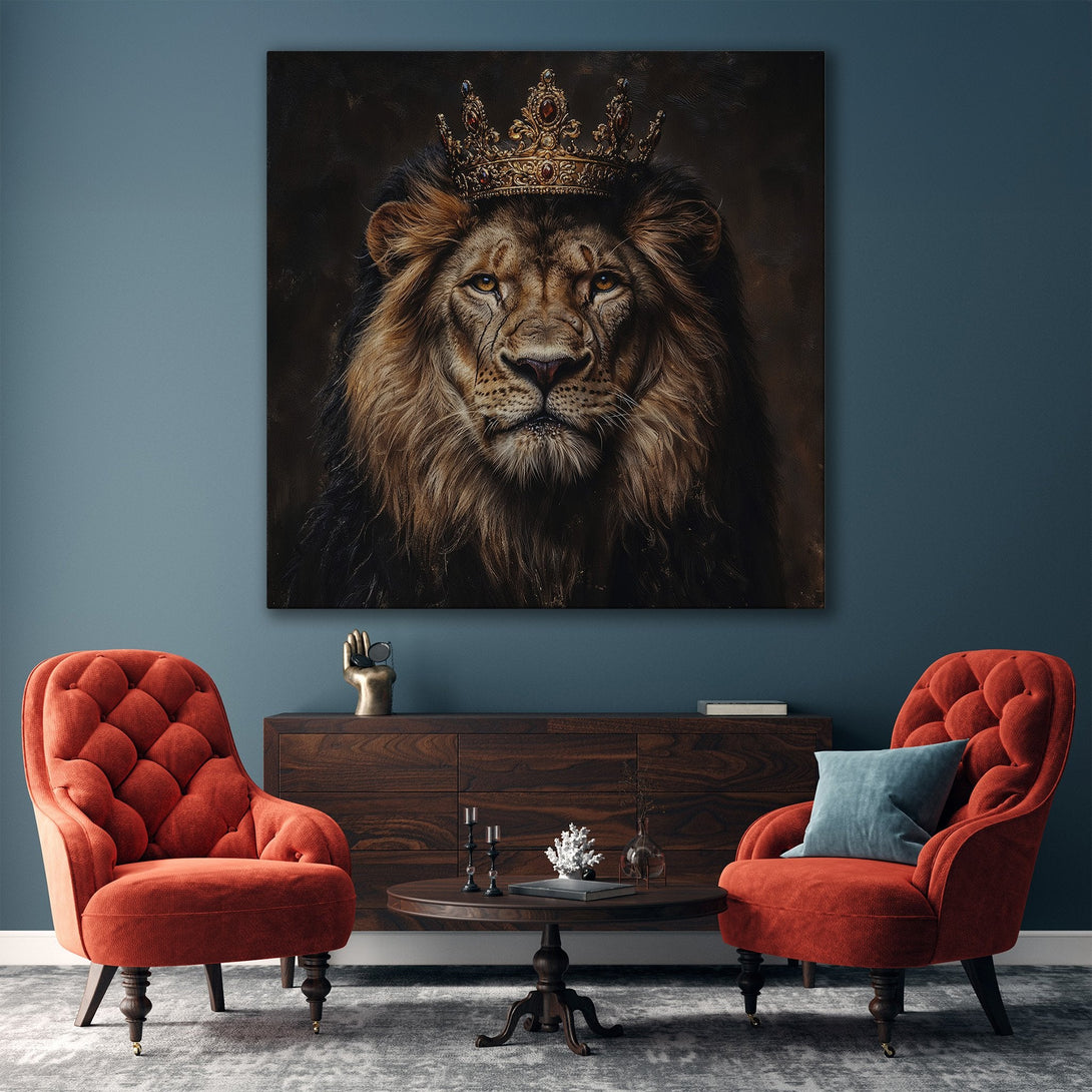 Framed Wall Art: Majestic lion with crown. Regal portrait in warm, earthy tones. Perfect statement piece for modern interiors. Elevate your space with this canvas print.