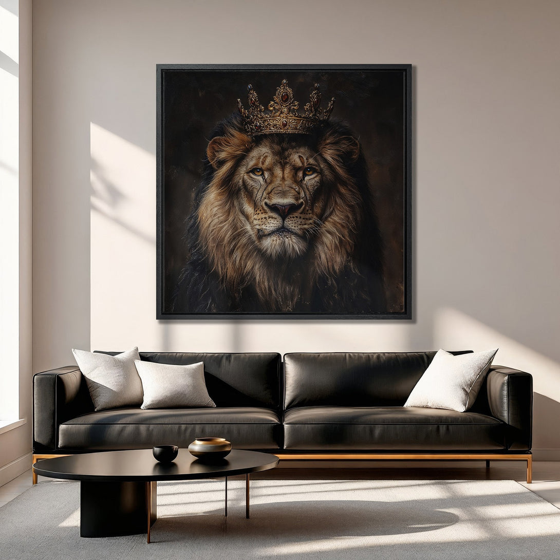 Framed Wall Art: Majestic lion portrait with crown, rich brown and gold tones. Perfect for adding a regal touch to your home decor. Shop now!