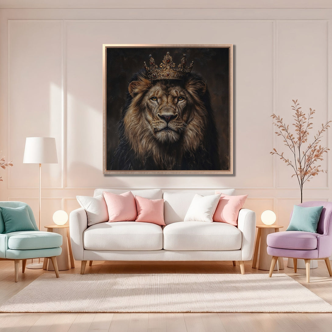 Framed Wall Art: Majestic lion portrait with crown. Warm, earthy tones and a touch of luxury. Perfect for adding a regal touch to your home decor.