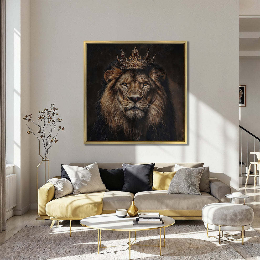 Canvas Print of a majestic lion wearing a crown. Regal artwork in warm brown tones, displayed in a stylish interior with red chairs and a blue wall.
