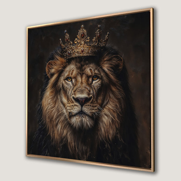 Framed Wall Art: Majestic lion portrait wearing a crown. Rich, warm color palette with brown, gold, and black tones. Perfect for adding regal style to your space.