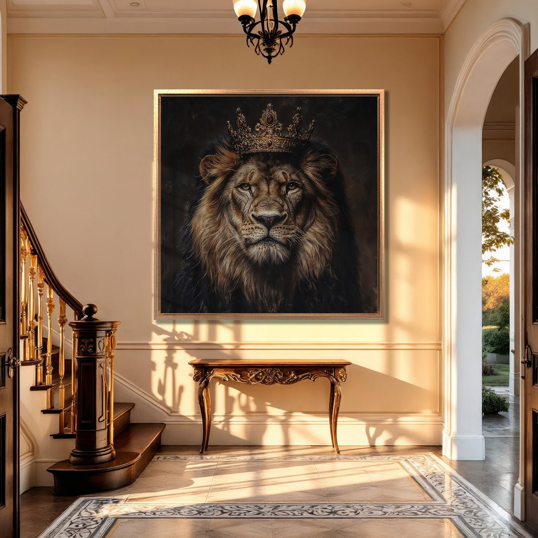 Framed Wall Art of a regal lion with a crown in a luxurious interior. Warm, earthy tones and a classic style. Perfect for adding a touch of elegance.
