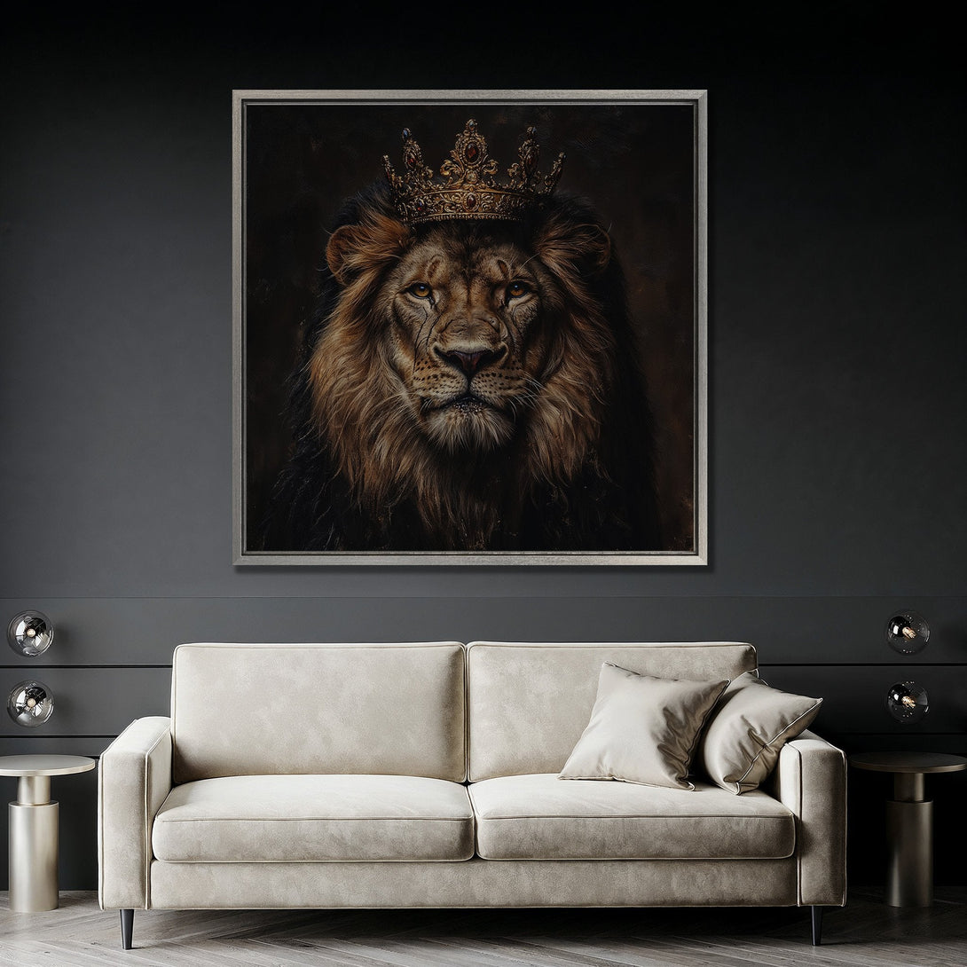 Framed Wall Art: Regal lion portrait with a golden crown, displayed in a modern interior. Earthy tones and dark palette create a luxurious, sophisticated vibe.