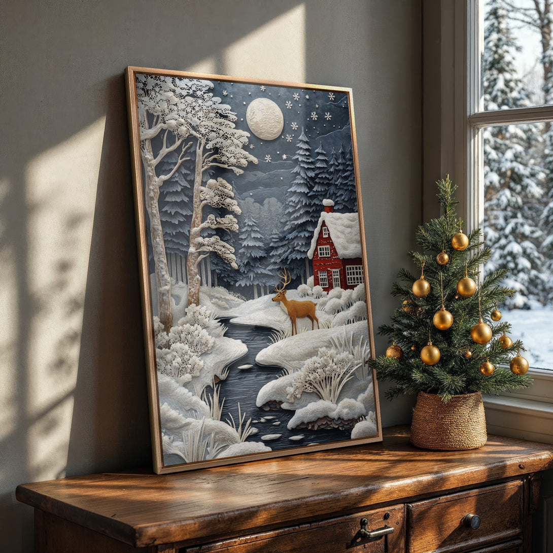 Framed Wall Art: Winter landscape Canvas Print with a serene forest scene. Features a cool blue and white color palette, perfect for adding a touch of calm to your home.
