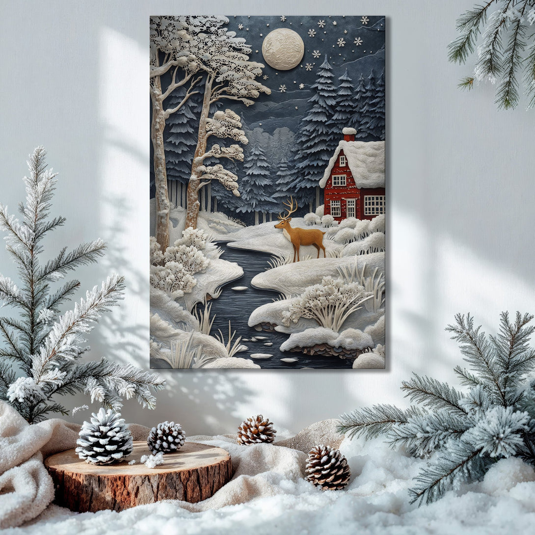 Framed Wall Art: Winter scene with deer, snow, and red cabin. Neutral, blue, and gold tones. Perfect holiday decor!