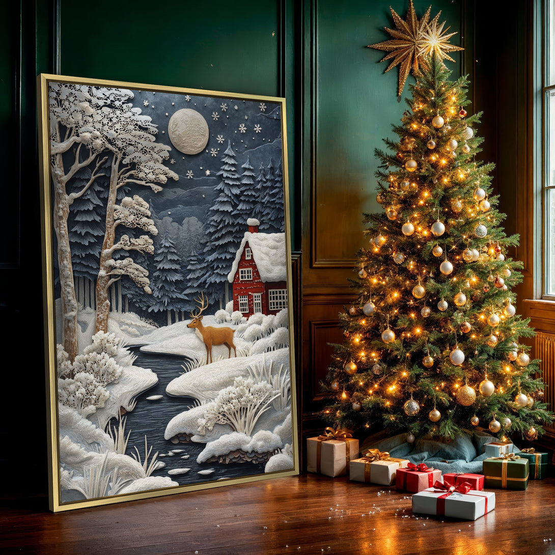 Canvas Print of a winter forest scene with a red cabin. Featuring a serene landscape in a neutral and blue color palette. Perfect for holiday decor!