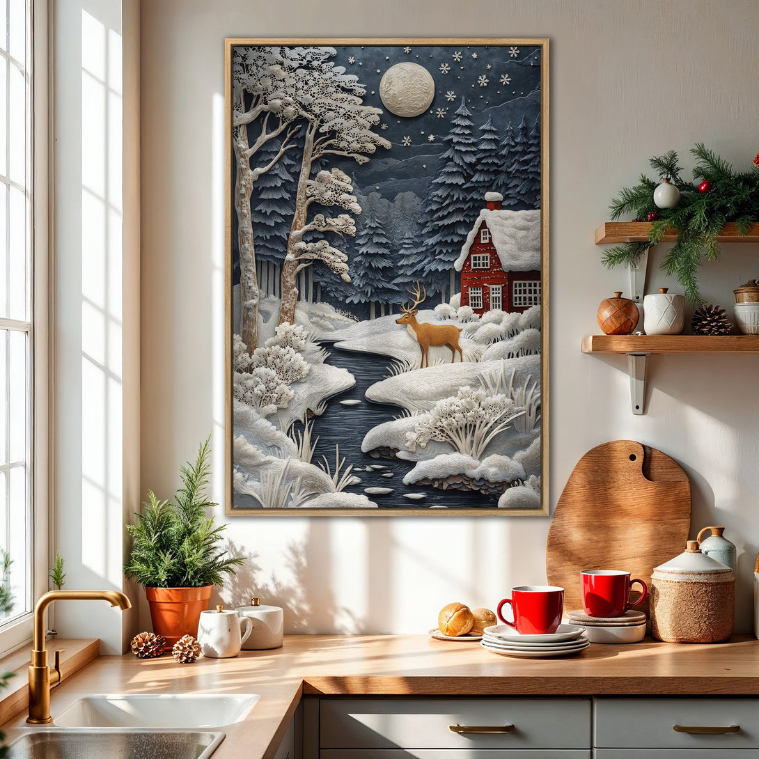 Framed Wall Art: Winter forest scene with deer in a snowy landscape. Features a cool blue and grey palette with pops of red. Perfect for cozy interiors.