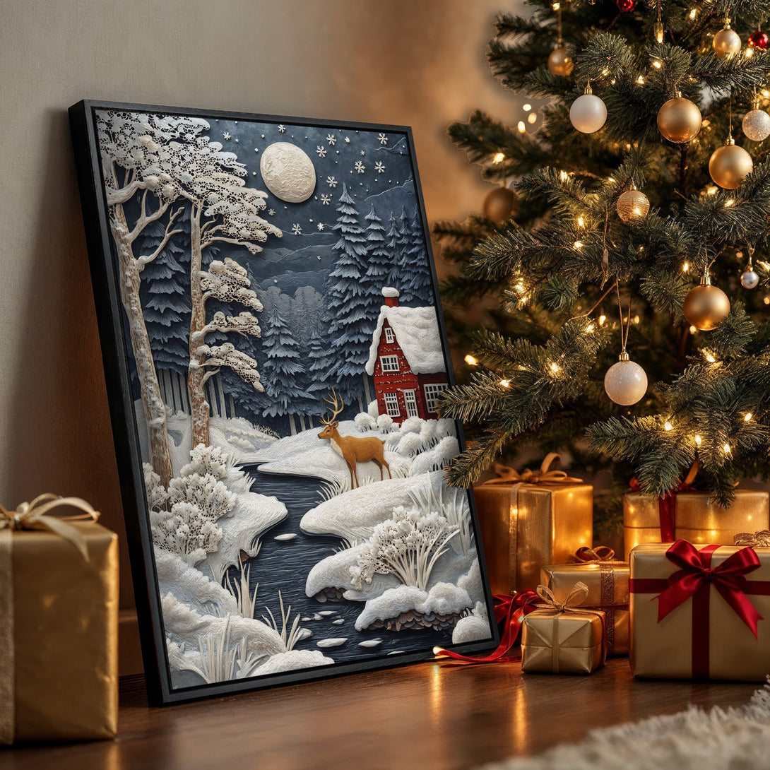Framed Wall Art: Winter scene Canvas Print with a red cabin, deer, and snowy landscape. Features a blue and white color palette, perfect for holiday decor.