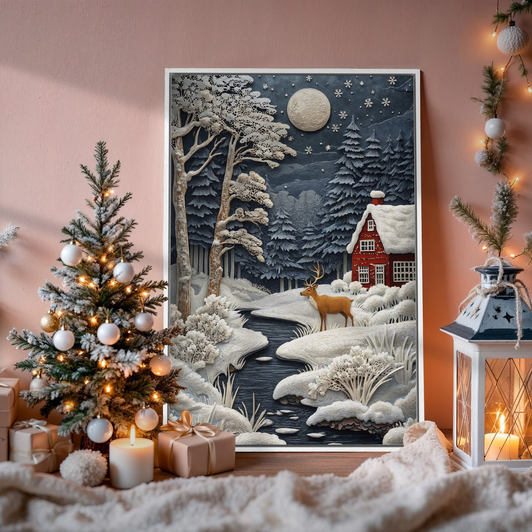 Framed Wall Art featuring a winter forest scene with a red cabin, deer, and moon. Neutral & blue color palette, perfect for cozy holiday decor.