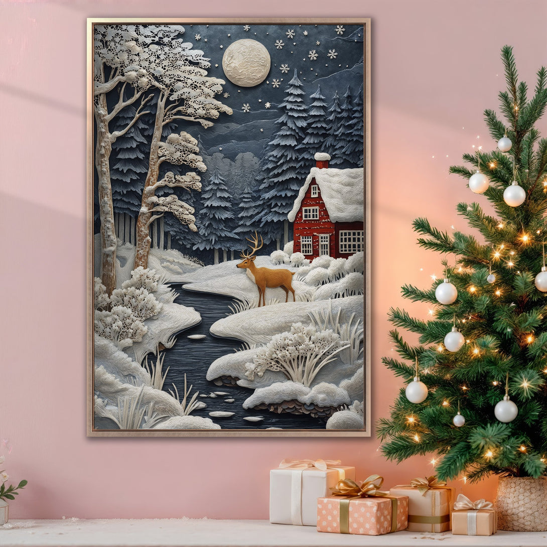Framed Wall Art: Winter landscape Canvas Print with a red cabin, deer, and snowy trees. Features a neutral, blue and white color palette, perfect for holiday decor.